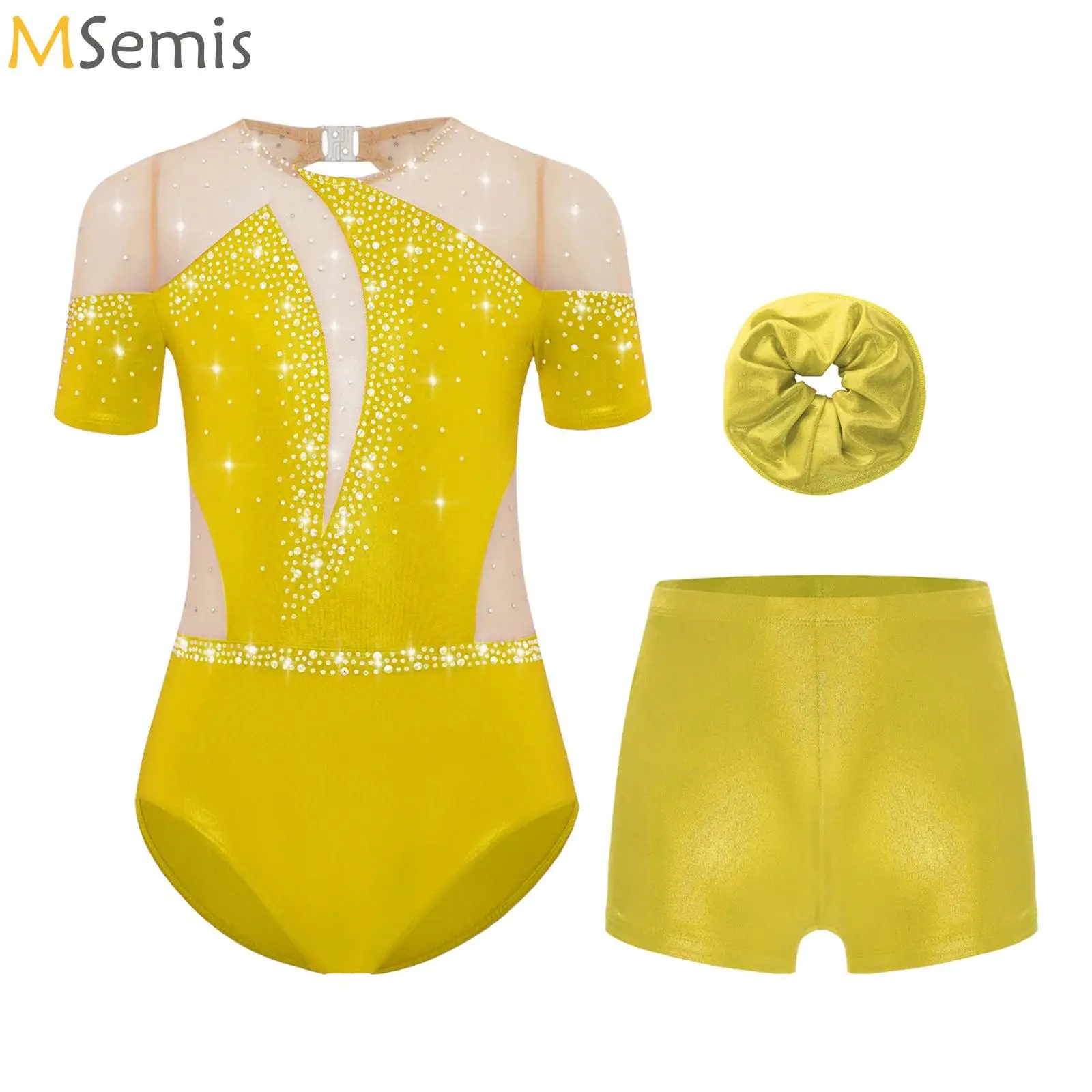 

Kids Girls Gymnastics Jersey Figure Skating Dance Outfit Short Sleeve Sheer Mesh Rhinestones Ballet Leotard with Shorts Hairband