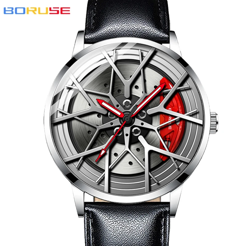 BORUSE Fashion Mens Car Wheel Watches Luminous Clock Luxury Men Sports Waterproof Quartz Wrist Watch Leather Strap Watch