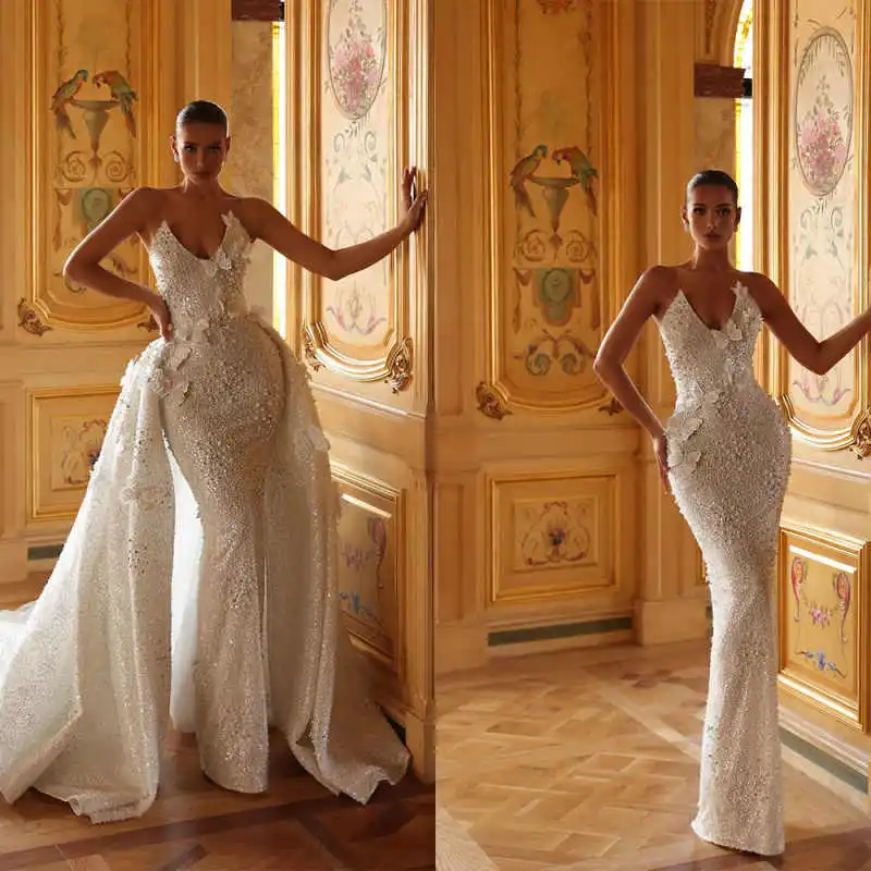

Sparkly Sequined Mermaid Evening Dresses Strapless Sweetheart Neck Pearls Appliques Detachable Train Dress Customized