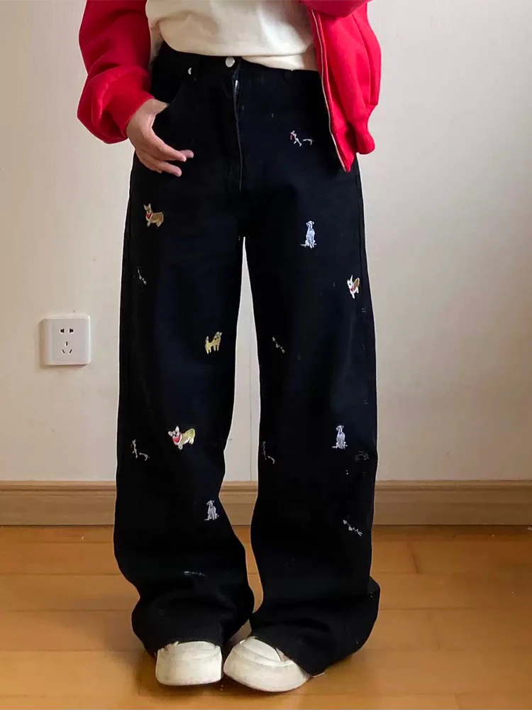 

Джинсы женские с высокой талией, широкими штанинами, вышивкой в виде собаки, весна-осень, новый дизайн, свободные, длиной в пол