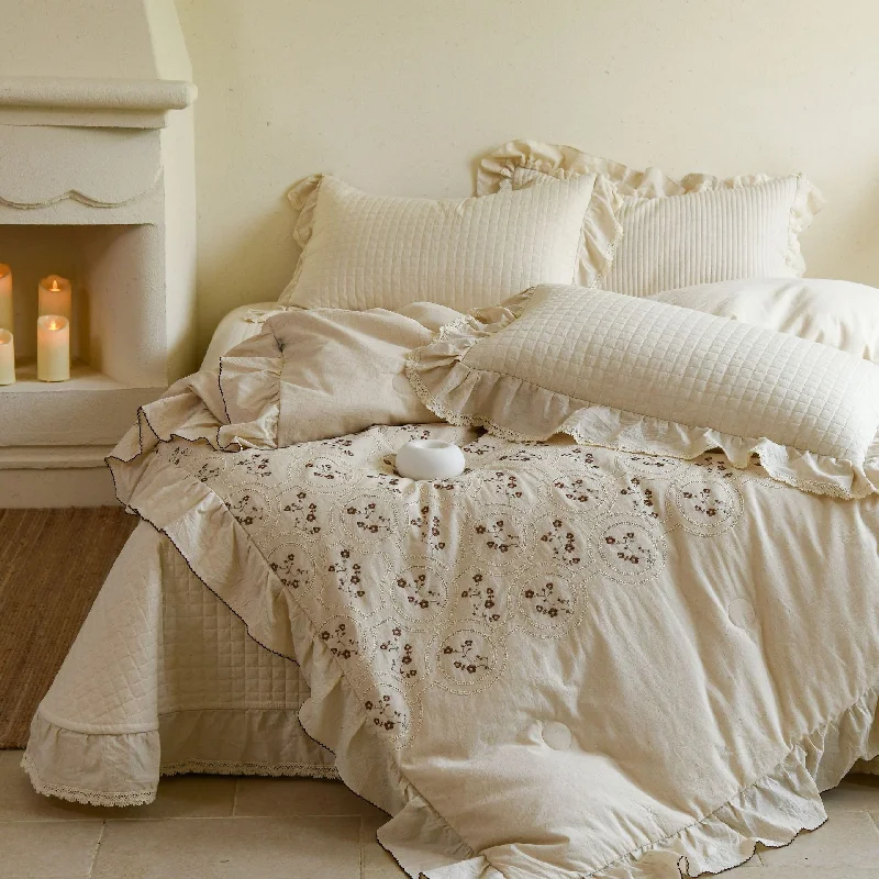 Cotton Linen Blend Quilted Bedspread Set 3Pcs, French Style Solid Lace Ruffled Embroidered Multifunctional Duvet Cover 1PC