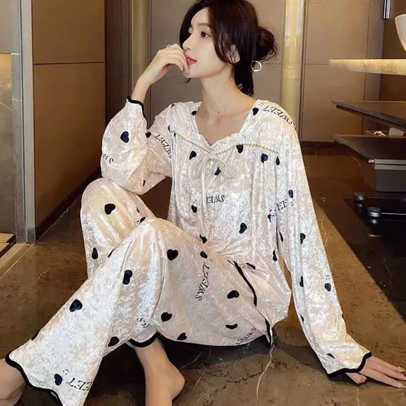 Gold Diamond Velvet Black Heart Set Pajamas Female Network Red Version of Spring and Autumn Winter Can Wear Home Clothes Loose