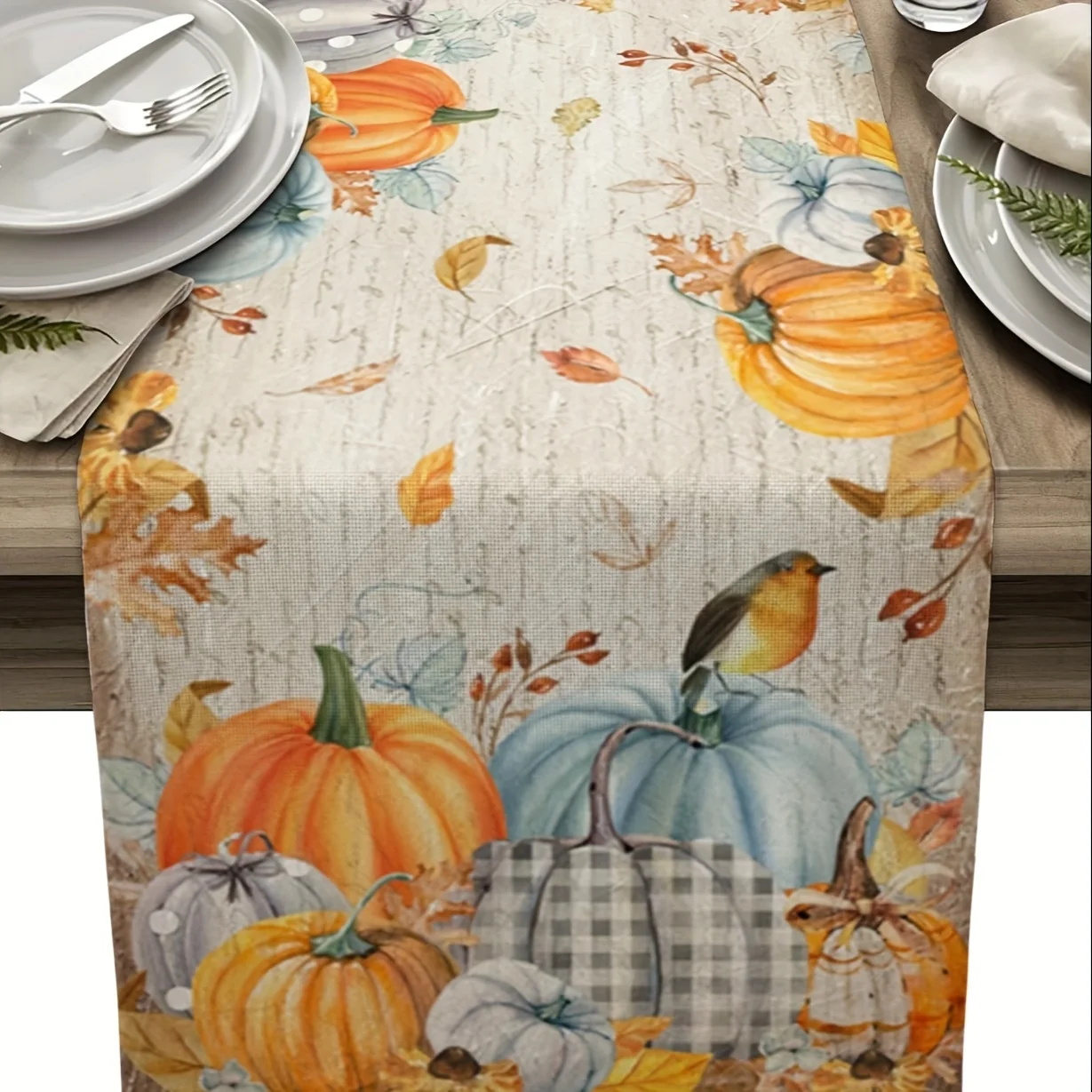 

Цельный настольный флаг Autum — акварельная тыква, кленовый лист и узор птицы, оранжевый, желтый, зеленый, синий, подходит для ресторанов, дома, кафе, рынка рукоделия, мягких декоративных дисплеев.