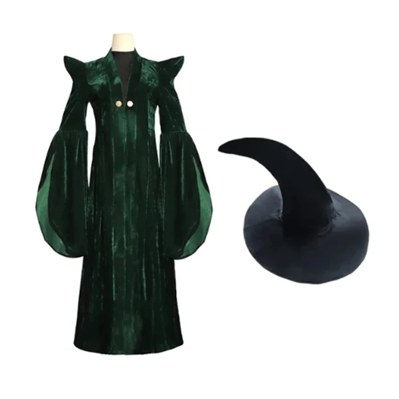 

High Quality Professor Minerva McGonagall Cosplay Costume Dress Green Cape Velvet Role Play Cloak Halloween Carnival Costume