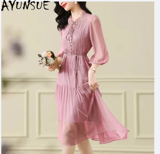 

AYUNSUE 100% Real Mulberry Silk Dress Women Summer Clothes 2026 Midi Dress Elegant Womens Dressesn New Style Vestidos De Mujer