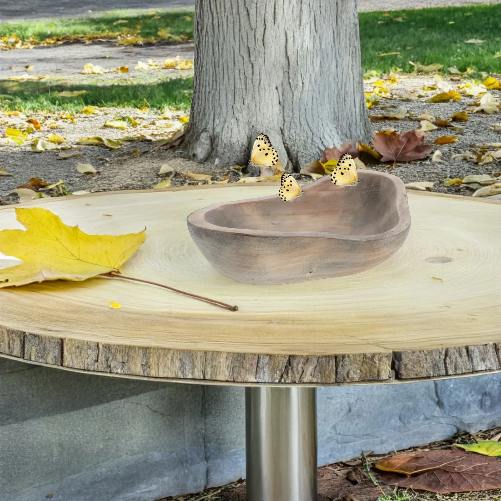Wood Butterfly Water Bowl Rustic Bird Bath Outdoor Hummingbird Feeder Garden Wildlife Water Station Butterfly Habitat