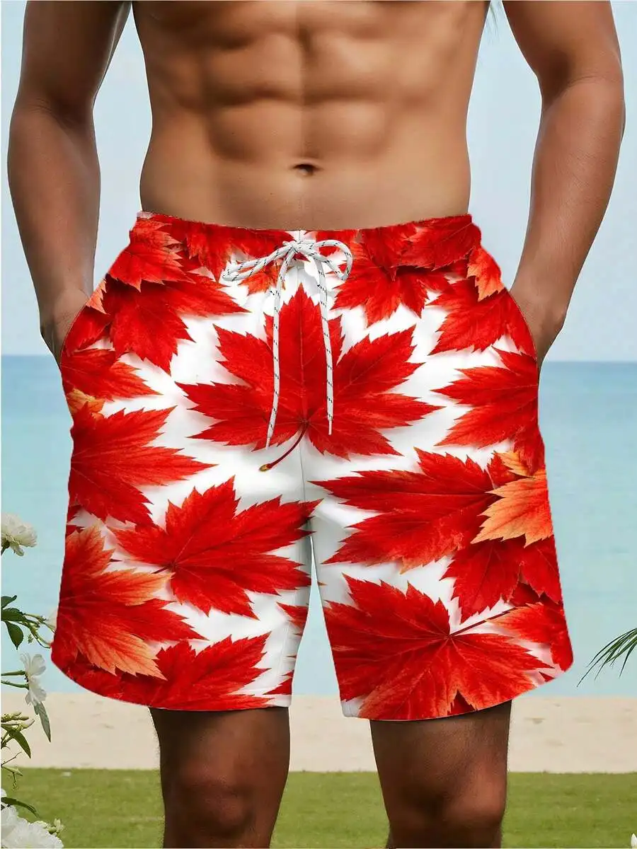 

Mens Red Maple Leaf Print Beach Shorts Casual Drawstring Waist