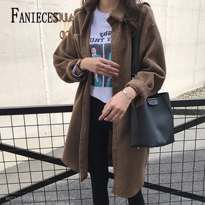 PLAZSON Corduroy Shirts for Women Spring Autumn Korean Fashion Simple Solid Long Shirts Loose Midi Shirt and Blouse Femme