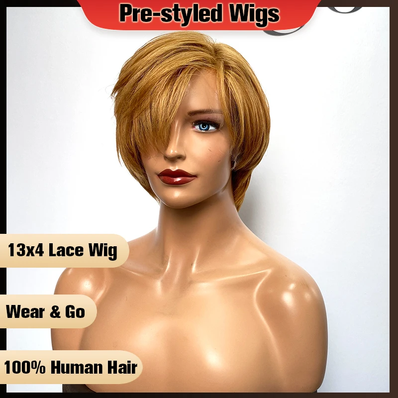 

Short Human Hair Wigs Ready To Go Glueless Pixie Colored Human Hair Wigs For Women Blonde Yaki Straight 13x4 Lace Front Wigs