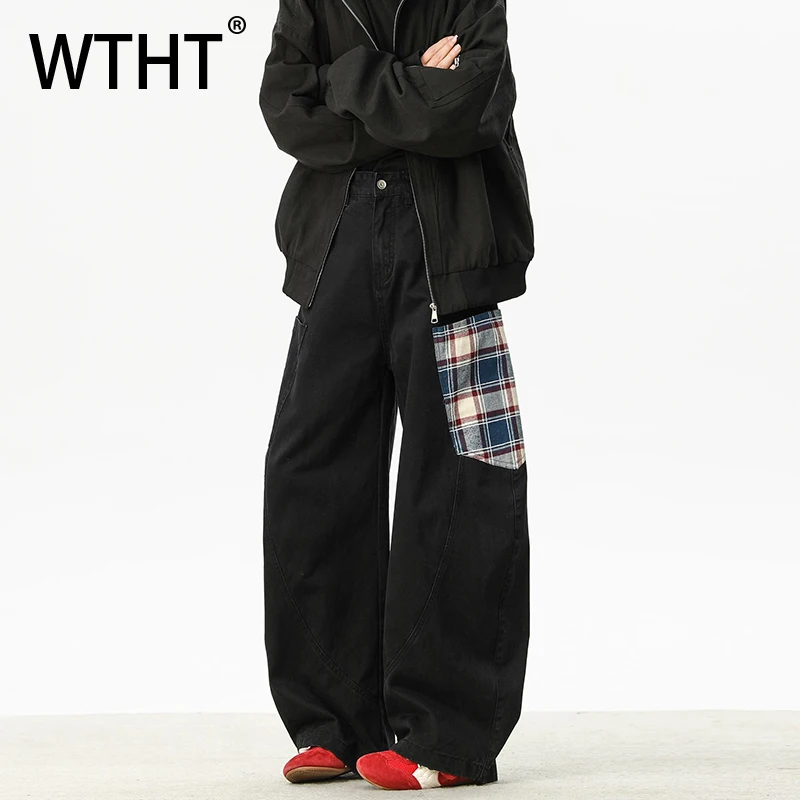 

WTHT Fashion Men's Spliced Plaid Design Loose Denim Pants Vintage 2025 Summer casual High-waisted Wide Leg Jeans Male 2A0867