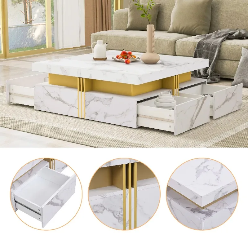 #Modern Square Marble Storage Coffee Table With 4 Drawers Durable Movable Nesting Design