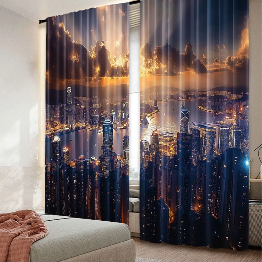 2Pcs Urban Contemporary Curtain Aerial Skyline Of Night Victoria Hong Kong City Skyscrapers Window Drapes All Season Charm For