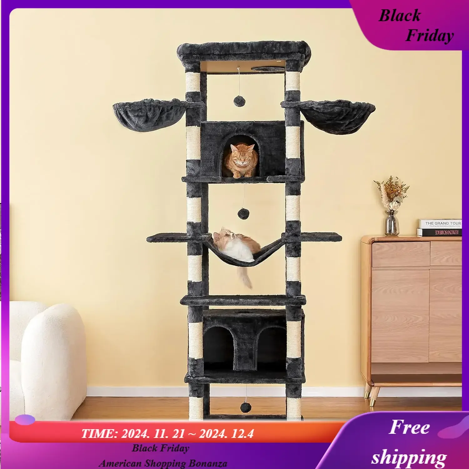 Large Cat Tree,77.6-Inch Tall Tower for Indoor with 2 Large Condos, Multi-Level Stand for Large with 3 Hammocks