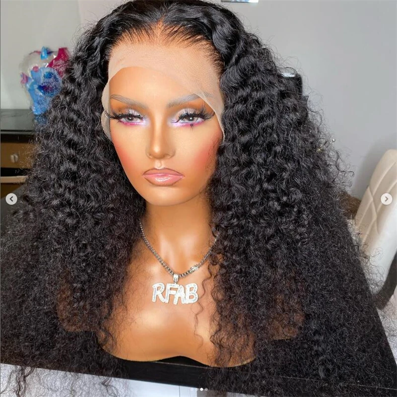 

180Density Black Kinky Curly Glueless Baby Hair 26“ Long Lace Front Wig For Black Women Heat Resistant Preplucked Daily