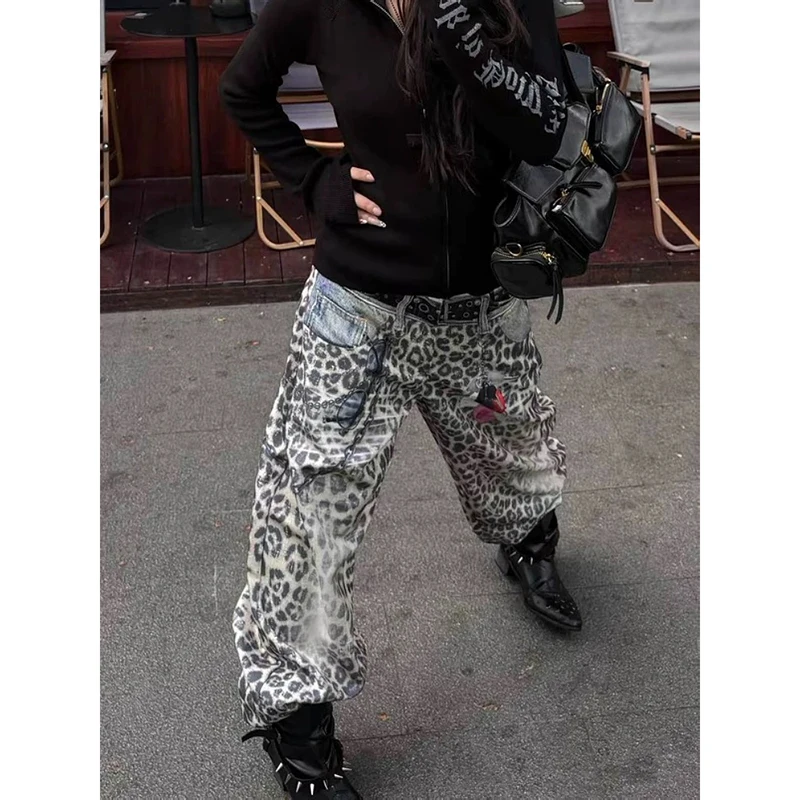 Y2K Pantalones con estampado de leopardo Pantalones vaqueros retro americanos unisex Ropa de calle de pierna ancha con doble cintura