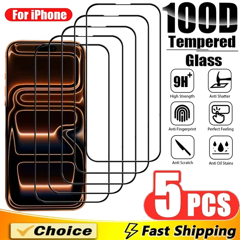 

5Pcs 100D Tempered Glass For iPhone 16 15 14 11 12 13 17 Pro Max Mini Full Cover Screen Protector For iPhone 17 Air XR X XS MAX