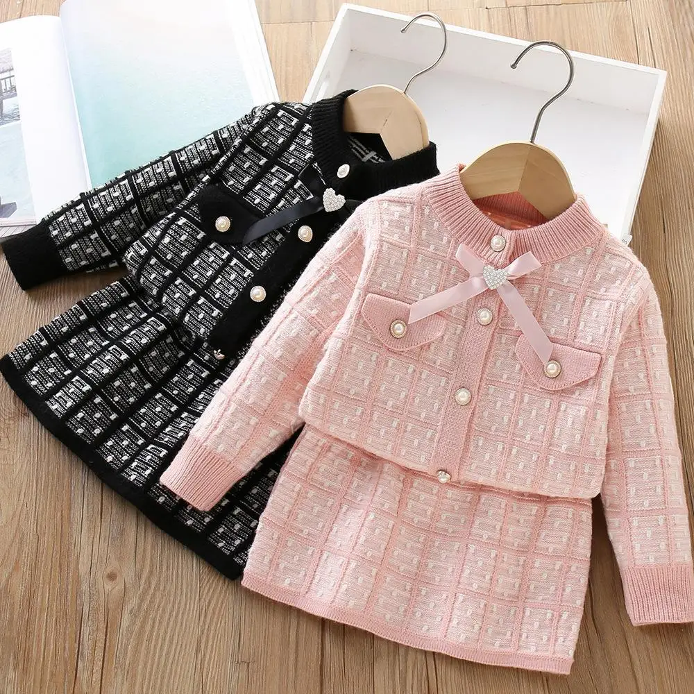 

Girls Knitted Clothes Sets Spring Autumn Children Woolen Jersey Sweaters Coats Skirts 2pcs Party Dress Suit For Baby Outfits Kid