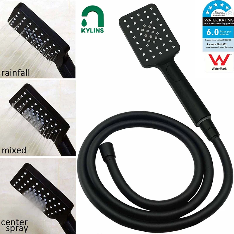 KYLINS WELS Matt Black 3 Mode Spray Handheld Shower Head Spray + 1.5m Hose Set Bath Sprayer Hose High Pressure Bathroom Shower