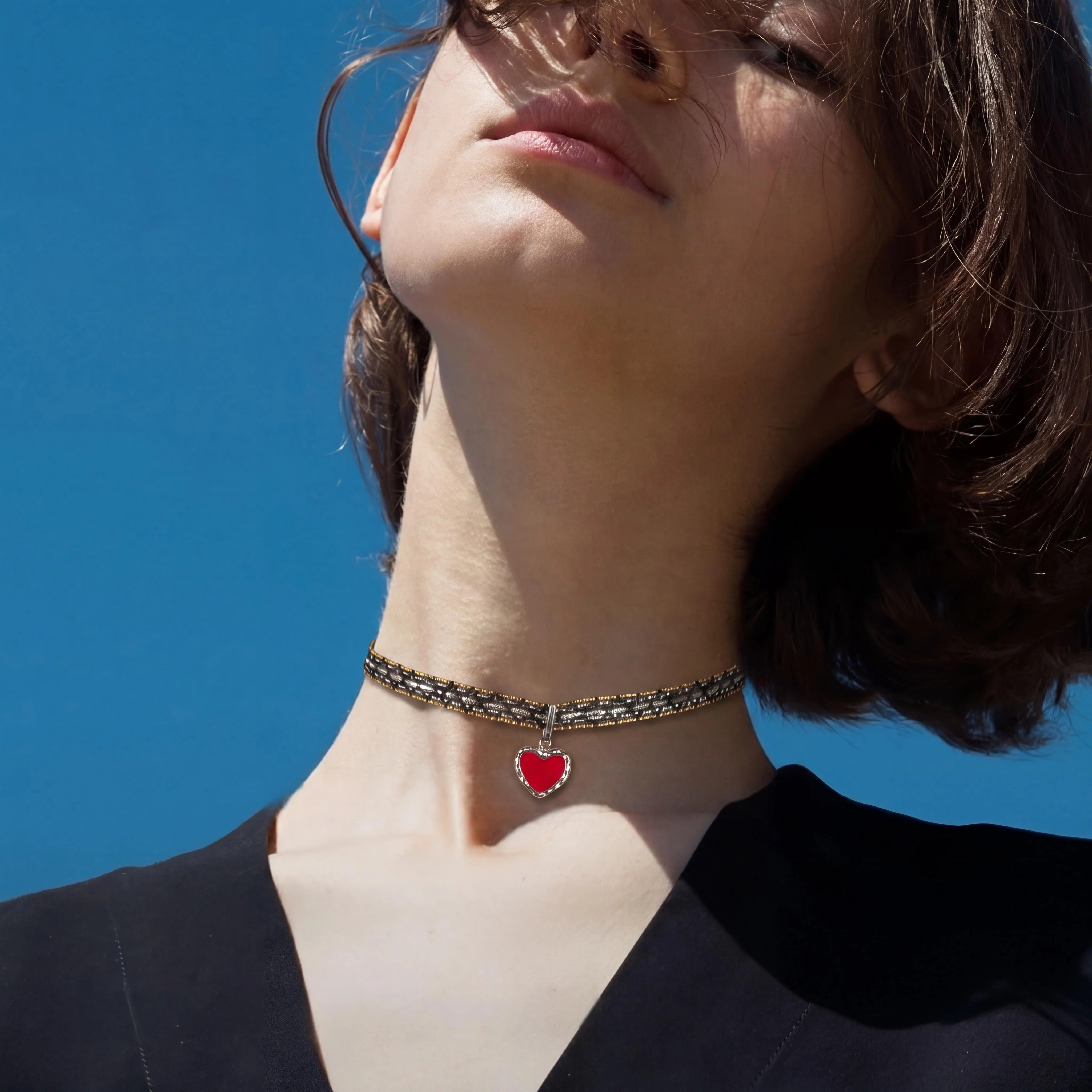 Vintage Red Enamel Heart Choker Necklace for Women Two-Tone Braided Metal Chain Y2K Dainty Necklace Party Daily Jewelry Gift