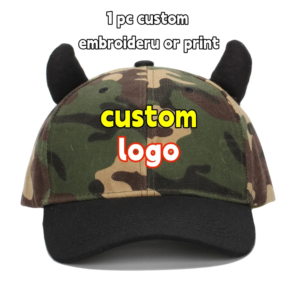 Customized Logo Baseball Cap Fashion Camouflage Bull Horn Cute Hat Visor Gorras Bone Male Cheap Adjustable Duck Tongue Hats
