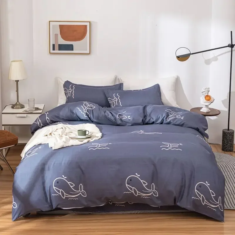 Skin-friendly Quilt Cover 2 Pillowcase Four-piece Quilt Cover Single Piece Student Dormitory Mattress Cover Small Whale Crown