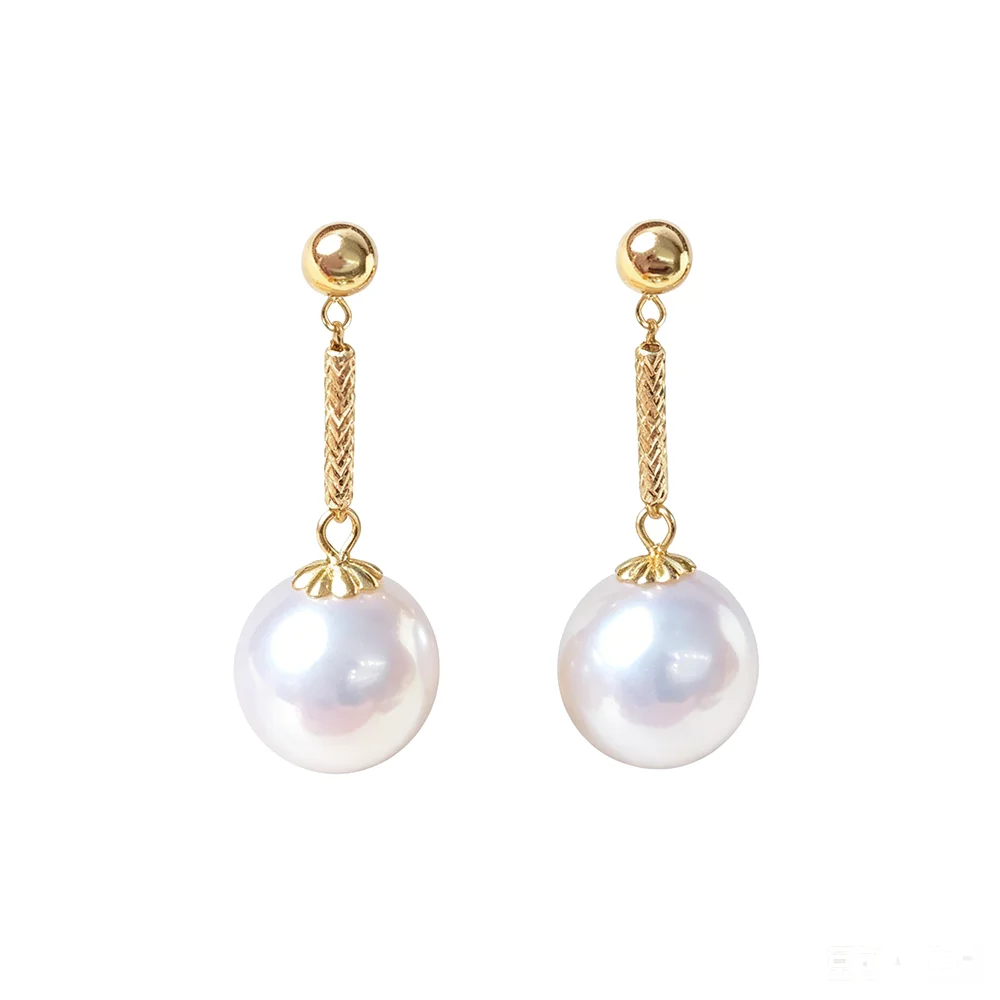 Perfect Round White Akoya Pearl Earrings For Women,Real 18k Gold Natural Pearl Earrings Wife Mother Gift