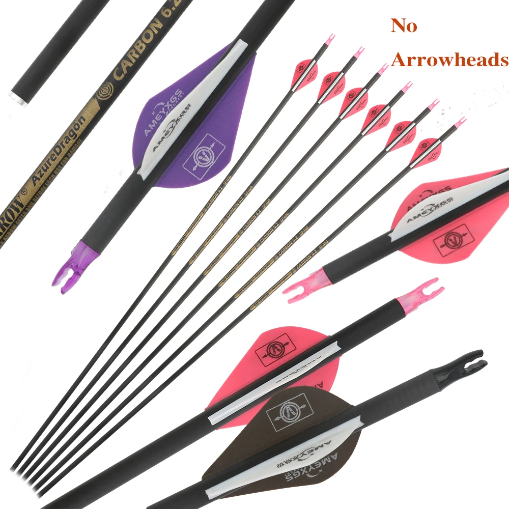 

30Inch Pure Carbon Archery Arrows 2" Rubber Vanes Recurve Compound Bow Shooting Hunting Spine 400/500/600/ID6.2mm 6/12pcs