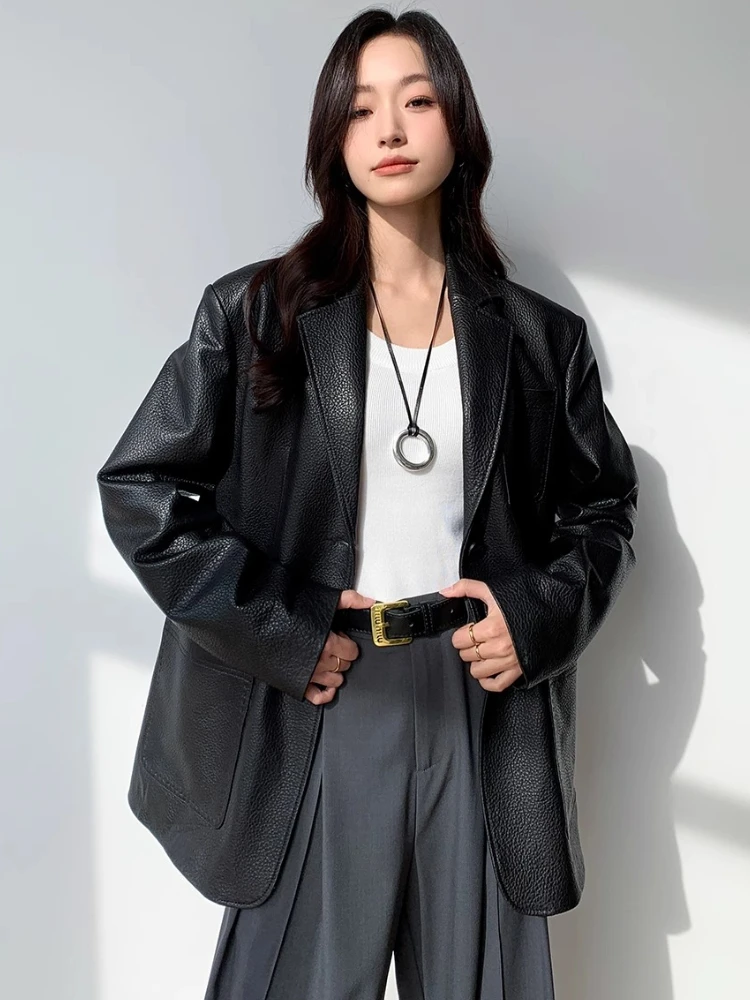 Mid-length Genuine Leather Blazer Jackets Women Spring Autumn 2025 New High-end Simple Lychee Texture Black Real Sheepskin Coat