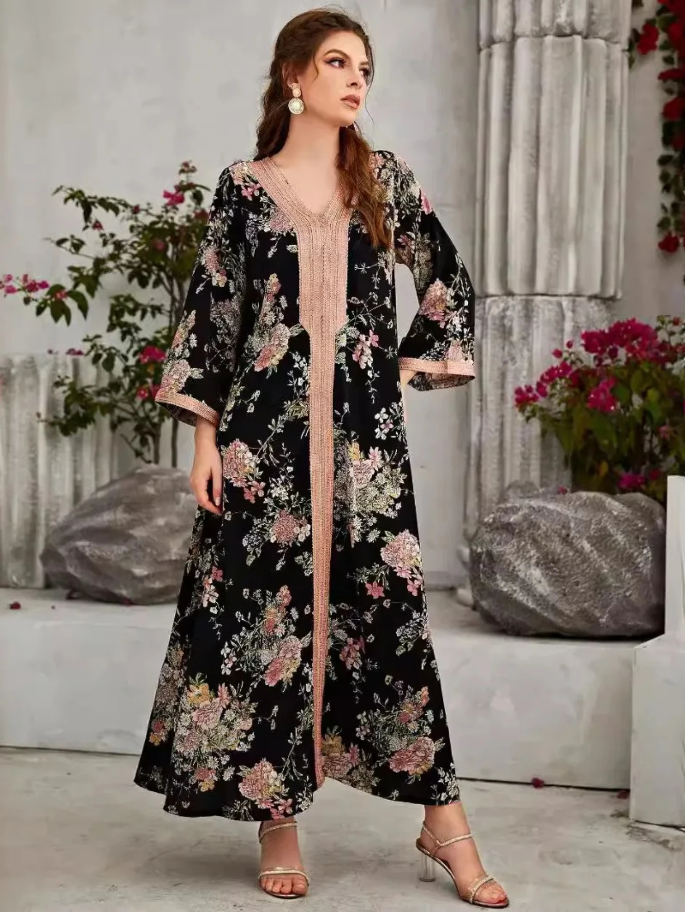 Abaya Blumendruck Muslimische Kleider Eid Frauen 2025, Dubai, Arabisch, lange Robe, Ramadan, Marokko, Kaftan, Partykleid, Vestidos Largos