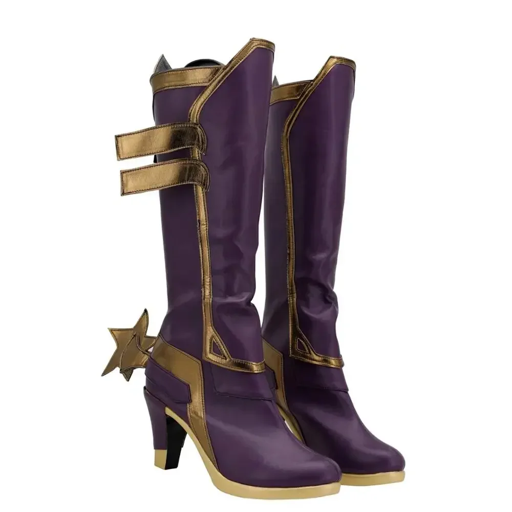 รองเท้าคอสเพลย์ LOL Ashe สีม่วง รองเท้าบูทส้นสูง รองเท้าหนังสั่งทำพิเศษสำหรับทุกเพศ