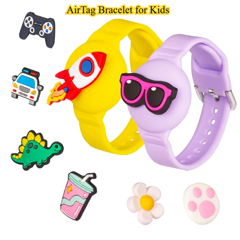 AirTag Bracelet for Kids,Waterproof Cute Cartoon Air Tag Holder with Full Coverage Design Silicone Hidden Wristband
