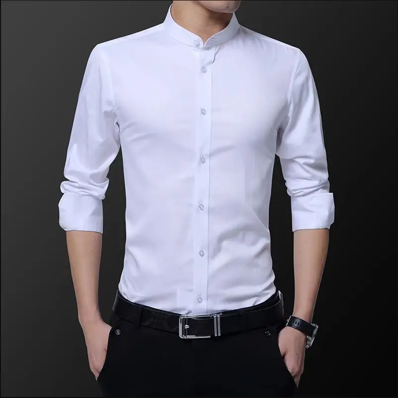 Black Male Stretch Long Sleeve Shirts/Men\'s High Quality Stand Collar Pure Slim Fit Business Shirt Red White Camisa Man Chemise