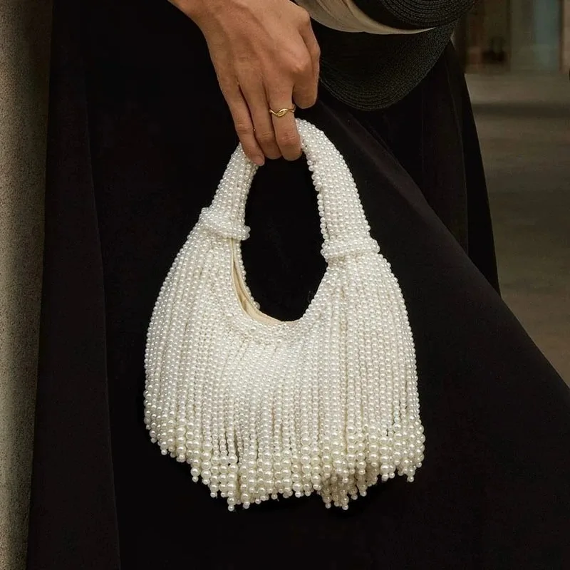 

Handle Pearl Evening Clutch Bag Luxury Designer Long Tassel Purses And Handbag Fashionable Design Women's Handmade Evening Bag