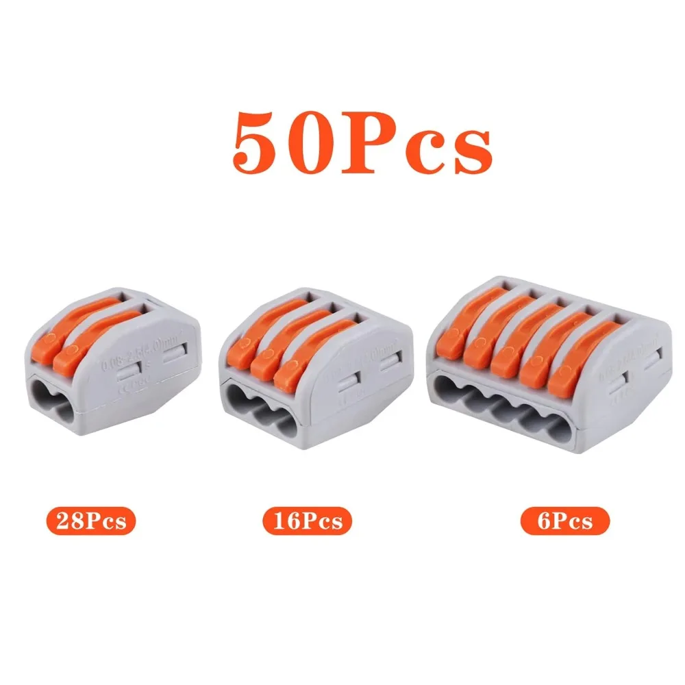 50PCS Lever Wire Electrical Connectors 28-12 AWG Multiple Stud2/3/5 Conductor Combination Insulated Terminals Quick Disconnect