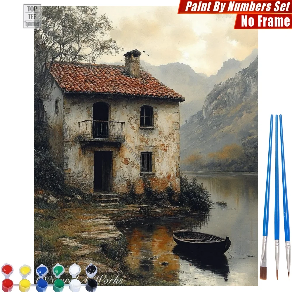 

Nostalgic Lake Ruin Paint By Number Kit - Stone House Boat Canvas Wall Art Day Of The Dead Gift For Teacher