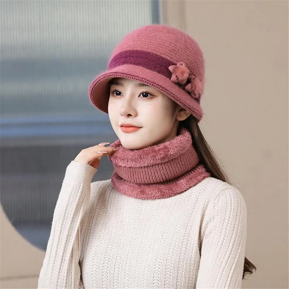 Outdoor Elderly Middle Aged Winter Beanie Hat Scarf Warm Fleece Lining Knit Bucket Hat Windproof Neck Warmer for Women