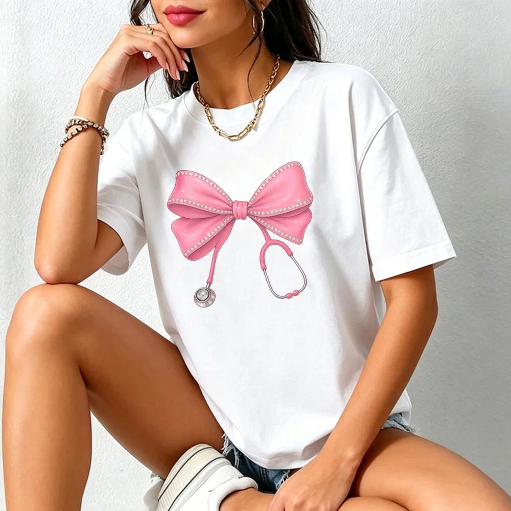 New Pink Bow Stethoscope T Shirt Women Cute Medical Nursing White Short Sleeve Crew Neck Casual Aesthetic Healthcare Nurse Gift