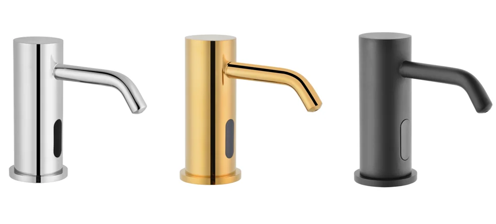 Brass Sensor Faucet with Double Automatic Liquid Soap Dispenser, AC/DC Operated Deck Mounted for Hospital School Public Use