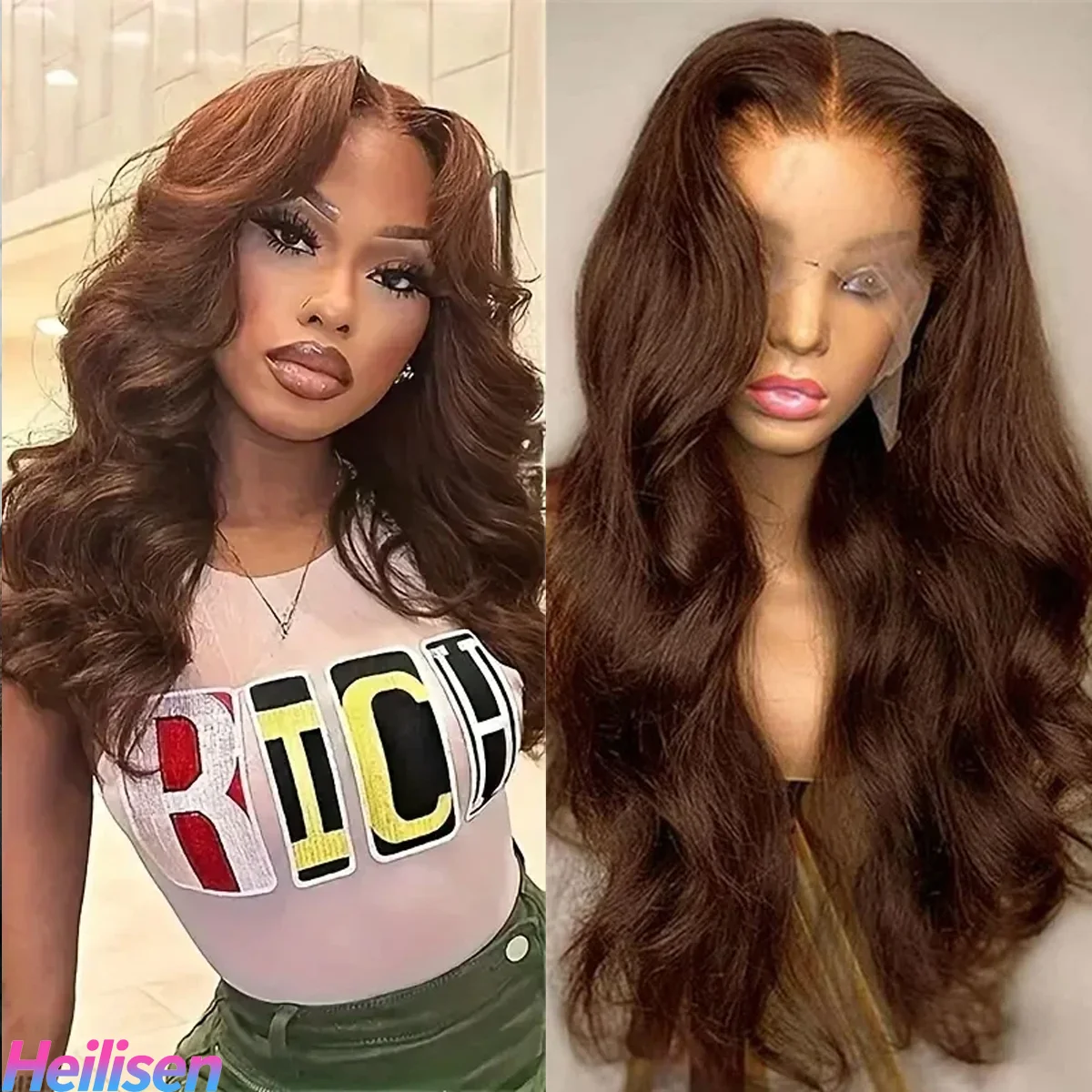 36 pulgadas # 4 marrón Chocolate 220% densidad onda del cuerpo 13x4 13x6 HD peluca Frontal de encaje transparente pelucas de cabello humano brasileño para mujeres