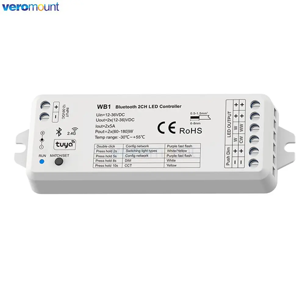 WB1 Bluetooth & RF 2CH CV LED Controller DC12V 24V Smart Dimmer Tuya APP Skydance 2.4G RF Remote for Single Color CCT LED strip