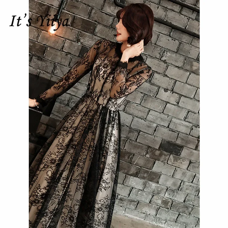 

It's Yiiya Evening Dresses Black Embroidery illusion O-neck Full Sleeves A-Line Floor Length Plus size Women Party Formal Gowns