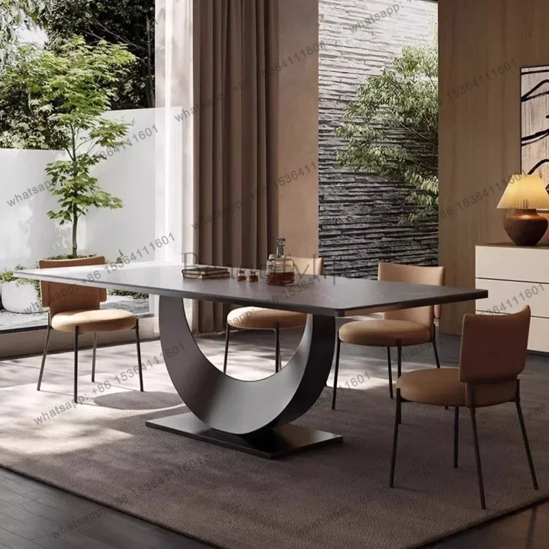 

Dining Table And Chairs Modern Rectangle Minimalist Rock Slab Restaurant Stainless Steel Frame Leather Dining Chair Italian