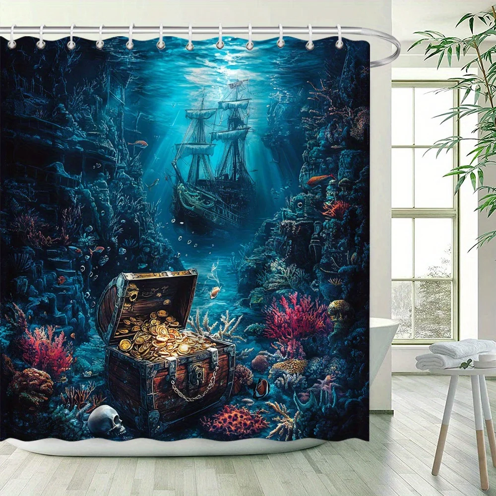 

Занавеска для душа с изображением океанской сцены, красочная рыба и шиповник, полиэстер, 12 крючков, чернильно-голубой фон, декор для ванны