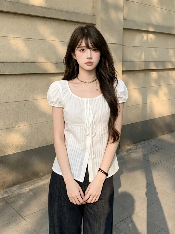 

Sweet Girl Summer Short Bubble Sleeve Shirt Women's Waist-Cinching Belt-Knotted And Versatile Korean Style Commute Wind