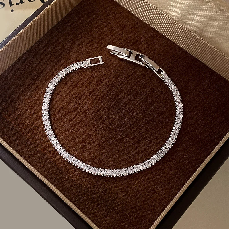 CZ Tennis Bracelet Set Women 2 Pcs Silver Color Clover Chain Pave Sparkly Stackable Elegant Fashion Jewelry Birthday Gift