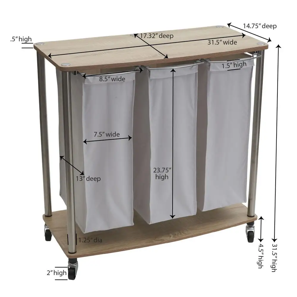 접이식 테이블 롤링 세탁물 분류기 카트, 탈착식 가방 3 개, 호두나무 6 하중 용량, 폴리프로필렌 고정 피트