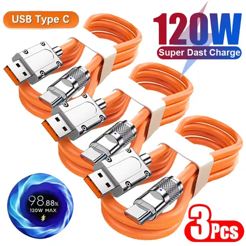 3PCS 120W Super Fast Charge Type-C Liquid Silicone Cable Quick Charge USB C Lines For Xiaomi Huawei Samsung USB Phone Data Wire
