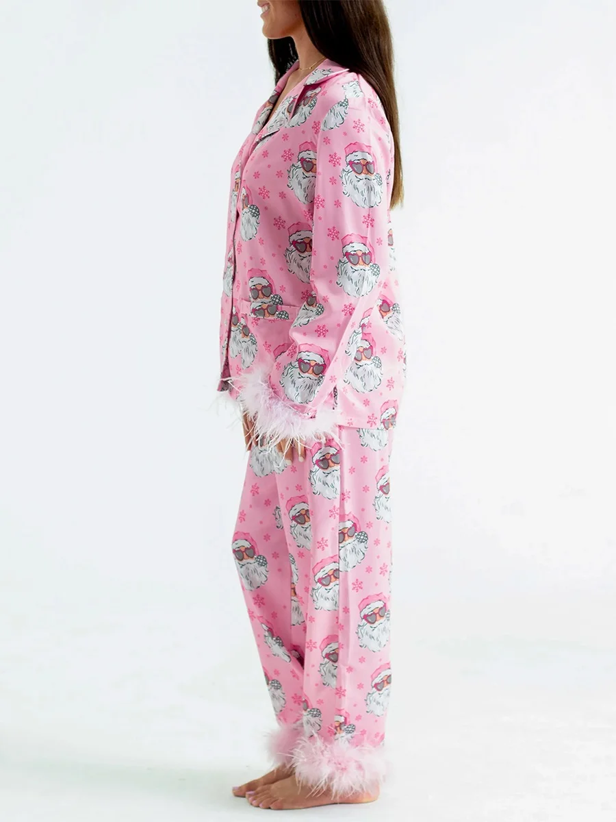 Women Feather Trim Silk Satin Pajama Set Christmas Button Down Shirts and Pants Outfit Sleepwear Loungewear