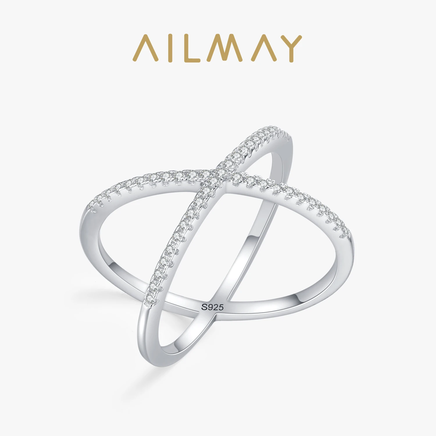 Ailmay Genuine 925 Sterling Silver Luxury Dazzling CZ Cross Line Sense Finger Ring For Women Wedding Party Fine Jewerly Gift