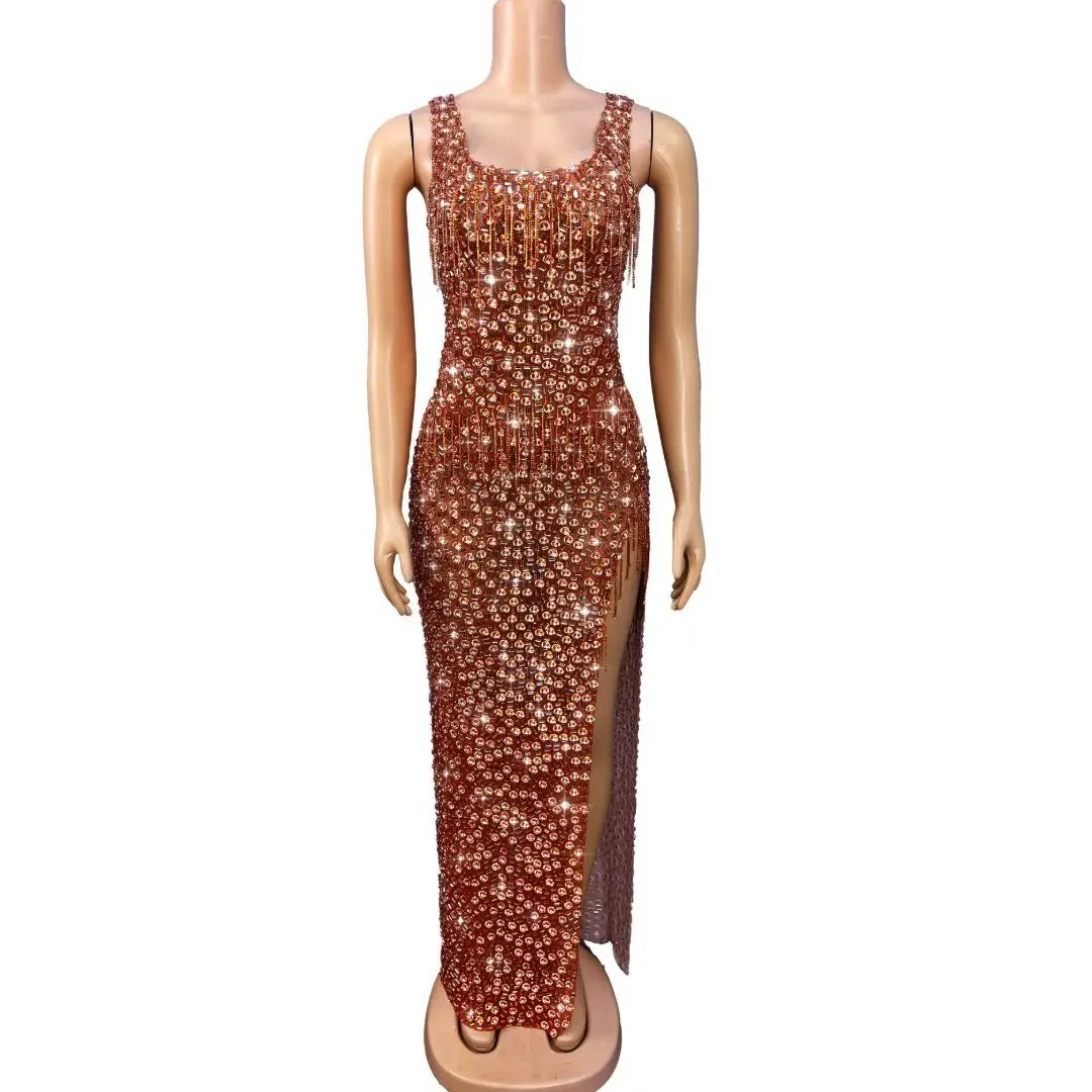 Ganju Bronze Crystal Rhinestone Sleeveless Fringe Maxi Dress with High Slit for Drag Queen Stage Performances and Nightclub Show